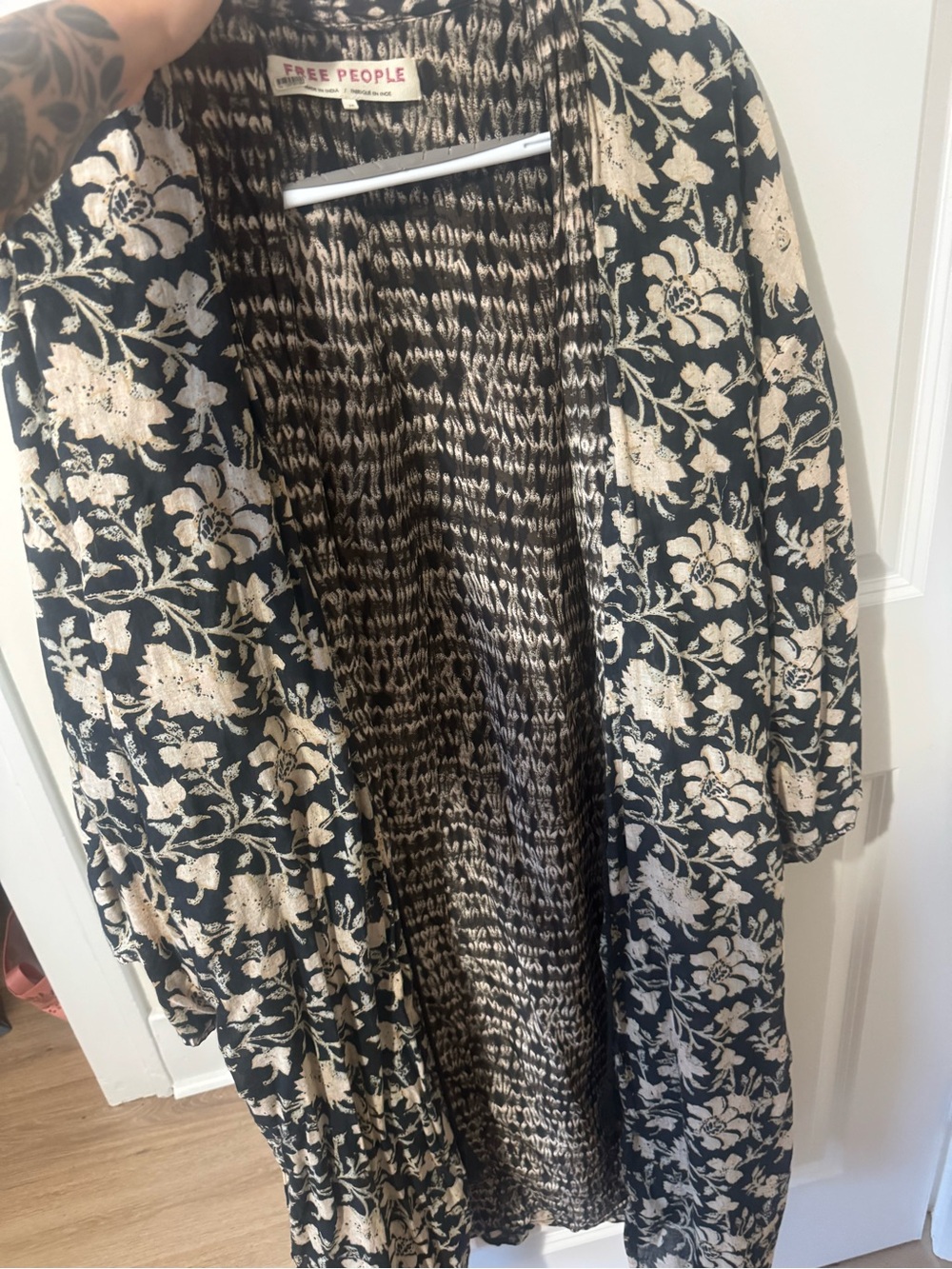 Free People Black and Cream Floral Kimono Duster